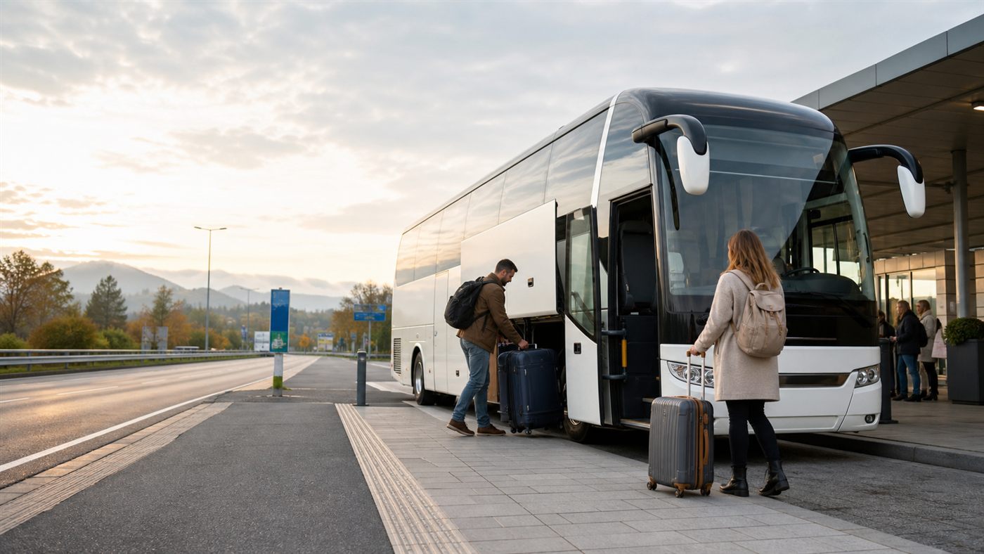 Bus dalekobieżny przy europejskiej trasie z podróżnymi i bagażem